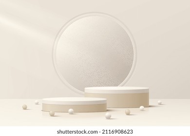 Abstract realistic 3D light brown cylinder pedestal podium set and glowing glitter in circle window. Minimal scene for product display presentation. Vector geometric platform design. Stage showcase.