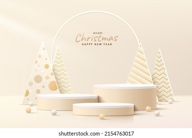 Abstract realistic 3D light brown cylinder pedestal podium set with Luxury christmas tree and ball. Merry christmas and new year scene for mockup product display. Vector rendering form. stage showcase