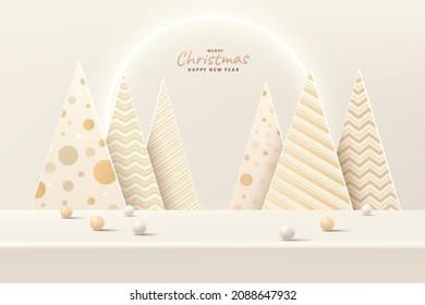 Abstract realistic 3D light gold podium or desk table with Luxury christmas tree and illuminate neon ring. Christmas and new year scene for product display presentation. Vector rendering platform.