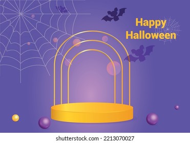 Abstract realistic 3D orange cylindrical pedestal on a purple background.Cute flying mouse on the background. Happy halloween minimal scene for product presentation. 