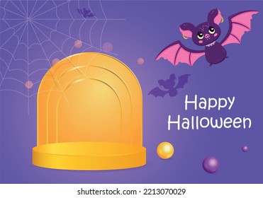 Resumen de un pedestal cilíndrico 3D realista en un fondo morado. Feliz escena mínima de Halloween para presentación de productos. 