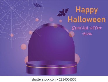 Abstract realistic 3D orange cylindrical pedestal on a purple background.Cute flying mouse on the background. Happy halloween minimal scene for product presentation.