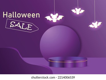 Abstract realistic 3D orange cylindrical pedestal on a purple background.Cute flying mouse on the background. Happy halloween minimal scene for product presentation.