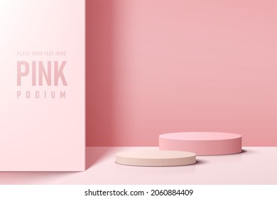 Abstract realistic 3D pink cylinder pedestal podium set with shadow and lighting. Pastel pink minimal scene for product display presentation. Valentine festival. Vector geometric rendering platform.