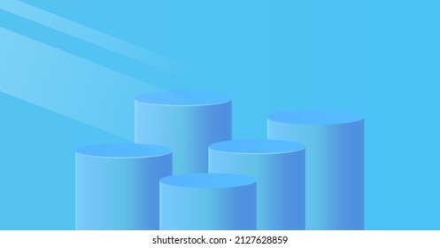 Abstract realistic 3D podium, cylinder pedestal set with blue minimal wall scene for cosmetic product display presentation.