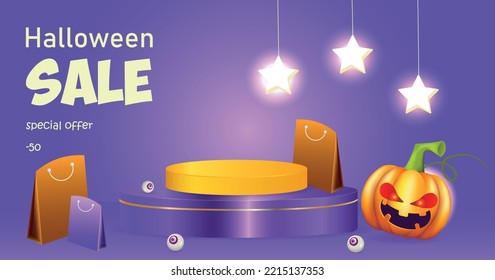 Abstract realistic 3D purple cylindrical pedestal on a purple background. Happy halloween minimal scene for product presentation. Halloween pumpkin with evil eyes. Glowing stars on the background. 