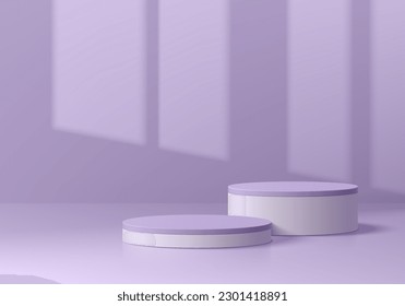 Abstract realistic 3d purple white cylinder pedestal podium for product display with window shadow background or sun shining scene through window. Stage showcase. 3d vector geometric platforms design.