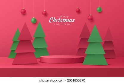 Abstract realistic 3D red cylinder pedestal podium set with modern green christmas tree and ball. Merry christmas and happy new year scene for product display presentation. Vector rendering platform.