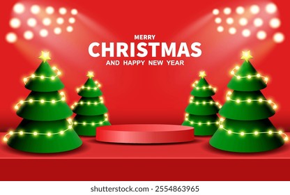 Abstract realistic 3D red cylinder pedestal podium set with modern green Christmas tree. Merry Christmas and New Year scene for product display presentation.