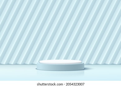 Abstract realistic 3D white and blue cylinder pedestal podium with oblique rectangle background. Pastel blue minimal scene for product display presentation. Vector geometric rendering platform design.