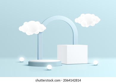 Abstract realistic 3D white and blue geometric pedestal podium set with cloud flying and arch backdrop. Pastel blue minimal scene for product display presentation. Vector platform rendering design.