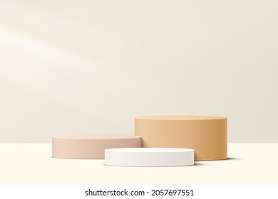 Abstract realistic 3D white, cream and beige steps cylinder pedestal podium set with pastel minimal wall scene for cosmetic product display presentation. Vector geometric rendering platform design.