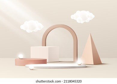 Resumen realista 3D escalones 3D blanco, crema y beige cilindro de podio peatonal con escena de pared minimalista pastel para presentación de productos cosméticos. Diseño de plataforma de representación geométrica vectorial.