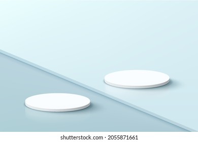 Abstract Realistic 3D White Cylinder Pedestal Podium Set On Steps Floor. Pastel Blue Minimal Wall Scene For Product Display Presentation. Vector Geometric Rendering Platform. Studio Room Concept.