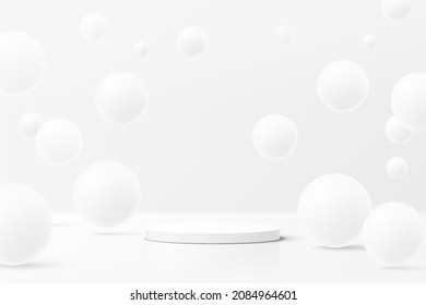 Abstract realistic 3d white cylinder pedestal or podium with white bubble or sphere balls flying on air. Stage for product display presentation. Futuristic silver minimal scene. Modern studio room.