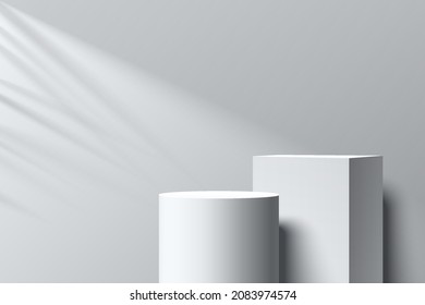 Abstract realistic 3D white geometric stand podium set with lighting and coconut leaf shadow. Minimal wall scene for product display presentation. Studio room. Vector geometric rendering platform.