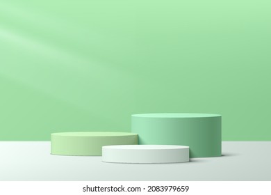 Abstraktes realistisches 3D-Pfosten-Pfosten-Set mit weißer und grünblauer Tasche mit minimaler Pastellwand für die Darstellung von kosmetischen Produkten. Design der geometrischen Vektorgrafik-Renderungsplattform.