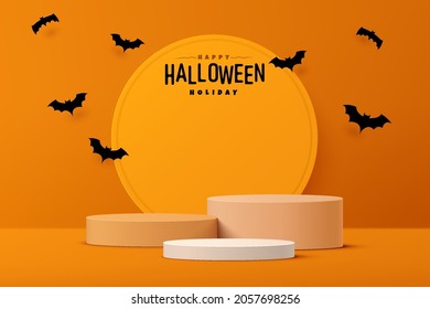 Abstract realistic 3D white and orange cylinder pedestal podium set with bat cartoon flying. Happy halloween minimal scene for product display presentation. Vector geometric rendering platform design.