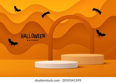Resumen del podio peatonal de cilindros 3D blanco y naranja realista con capas onduladas fondo. Feliz escena mínima de Halloween para presentación de productos. Plataforma de representación geométrica vectorial.