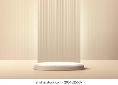 Abstract realistic Beige and Cream 3D cylinder pedestal podium with vertical curtain backdrop. Luxury brown minimal scene for cosmetic product display presentation. Vector geometric rendering platform