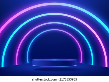 Abstract realistic blue 3d cylinder pedestal podium. Sci-fi dark abstract room with tunnel glowing neon lighting lines. Vector rendering mockup product display. Futuristic scene, Stage for showcase.