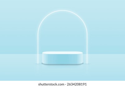 Abstract realistic blue 3d round podium for product display stand in light room and glowing neon arch shape. Minimal scene for product display mockup. Vector geometric platform. 3d vector rendering.