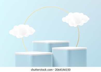 Abstract realistic blue and white 3D cube stand podium set with cloud flying and gold circle backdrop. Pastel blue minimal scene for product display presentation. Vector platform rendering design.