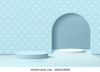 Abstract realistic blue and white 3D cylinder pedestal podium set with blue polka dots background. Pastel blue minimal scene for product display presentation. Vector geometric rendering platform.