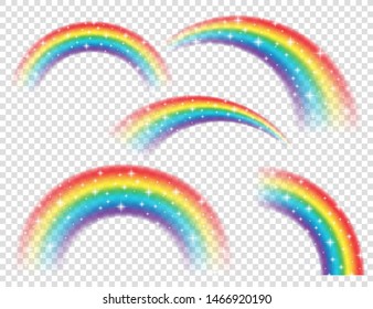 Abstract Realistic Colorful Rainbow with Shiny Stars on Transparent Background. Vector illustration.