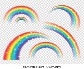 Abstract Realistic Colorful Rainbow with Shiny Stars on Transparent Background. Vector illustration.