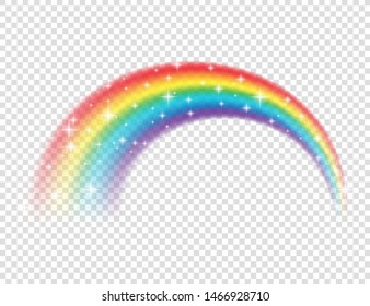 Abstract Realistic Colorful Rainbow with Shiny Stars on Transparent Background. Vector illustration.