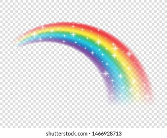 Abstract Realistic Colorful Rainbow with Shiny Stars on Transparent Background. Vector illustration.