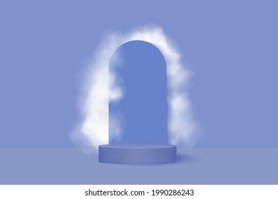 Abstract realistic cylindrical podium on a blue background between white clouds.
Cosmetic product display platform, showcase, showcase or birthday, anniversary, sale, wedding. 
