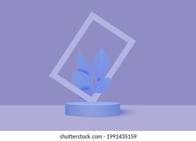 Abstract realistic cylindrical podium on a blue background between white leaves.
Cosmetic product display platform, showcase, showcase or birthday, anniversary, sale, wedding. 
