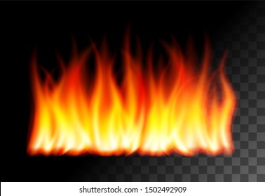 Abstract realistic fire flames burning bonfire effect on transparent background vector illustration. Good for overlays for any images.