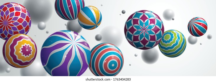 Resumen de esferas glosas realistas de fondo vectorial, composición de bolas voladoras decoradas con patrones, globos trenzados 3D, profundidad de efecto de campo.