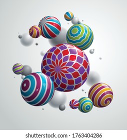 Abstract realistic glossy spheres vector background, composition of flying balls decorated with patterns, 3D mixed lined globes, depth of field effect.