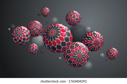 Abstract realistic glossy spheres vector background, composition of flying balls decorated with patterns, 3D mixed lined globes, depth of field effect.