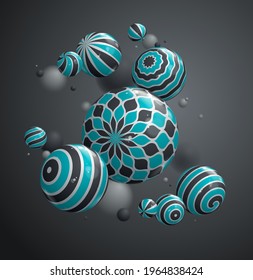 Abstract realistic glossy spheres vector background, composition of flying balls decorated with patterns, 3D mixed lined globes, depth of field effect.