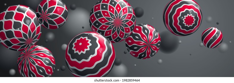 Abstract realistic glossy spheres vector background, composition of flying balls decorated with patterns, 3D mixed lined globes, depth of field effect.