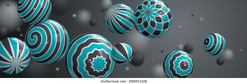 Abstract realistic glossy spheres vector background, composition of flying balls decorated with patterns, 3D mixed lined globes, depth of field effect.