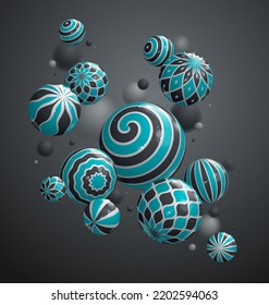 Abstract realistic glossy spheres vector background, composition of flying balls decorated with patterns, 3D mixed lined globes, depth of field effect.