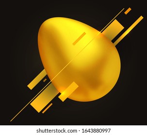 Huevo dorado realista abstracto con elementos geométricos decorativos. Antecedentes de las vacaciones de moda digital para la portada, banner, invitación. Hermosa ilustración vectorial.