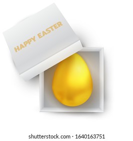 Abstract realistic golden egg in white open box. View from above. Holiday background template for cover card, banner, invitation. Beautiful digital vector illustration.