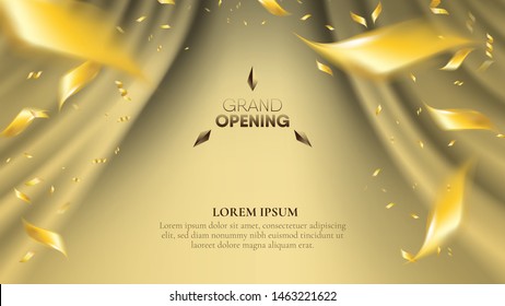 Abstract realistic golden wave curtain background and gradient gold scattering confetti 
