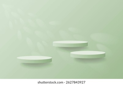 Abstract realistic green 3d cylinder podium or product display stand hanging, floating with light shining shadow on wall. Minimal wall scene for product display presentation. Vector geometric platform