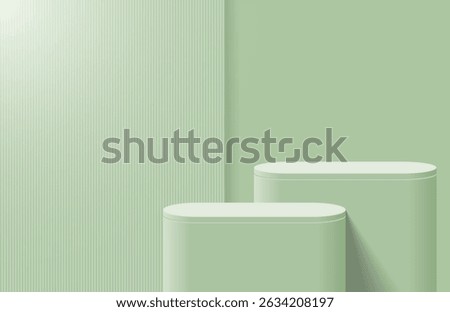 Abstract realistic green 3d round podium for product display in light room shining from top left corner. Minimal wall scene for product display mockup. Vector geometric platform. 3d vector rendering.