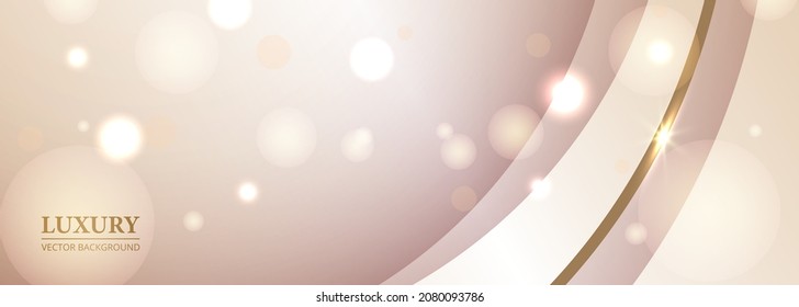 Abstract realistic luxury elegant festive wide banner, beige and rose background with gold line and bokeh light effect. Vector illustration