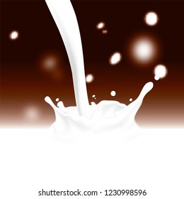 Abstract realistic milk drop with splashes on brown chocolate color background with blurred falling or flying drops. Vector illustration