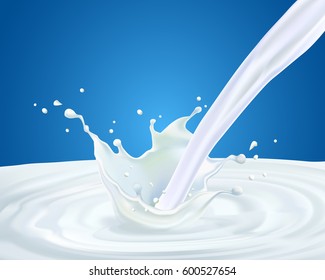 Abstract realistic milk drop with splashes isolated on blue background. vector illustration